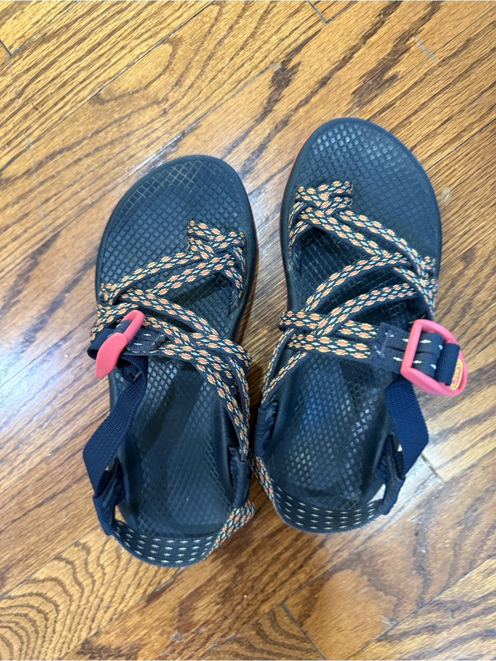 Chaco Women's Black Sandals with Orange Braided Straps and Pink Buckles